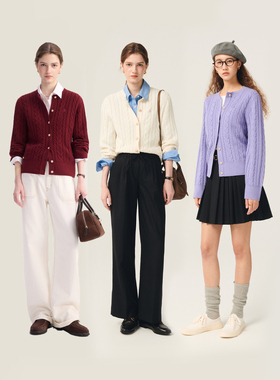 TeenieWeenie小熊女装针织衫25秋新款四季绞花开衫TTCK254901E