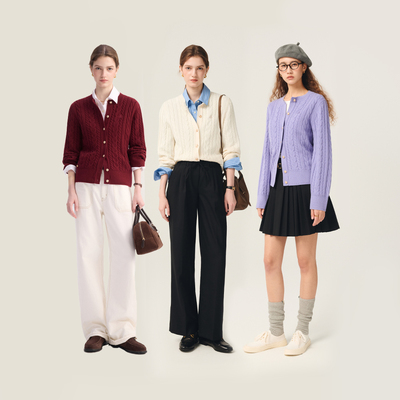 TeenieWeenie小熊女装针织衫25秋新款四季绞花开衫TTCK254901E