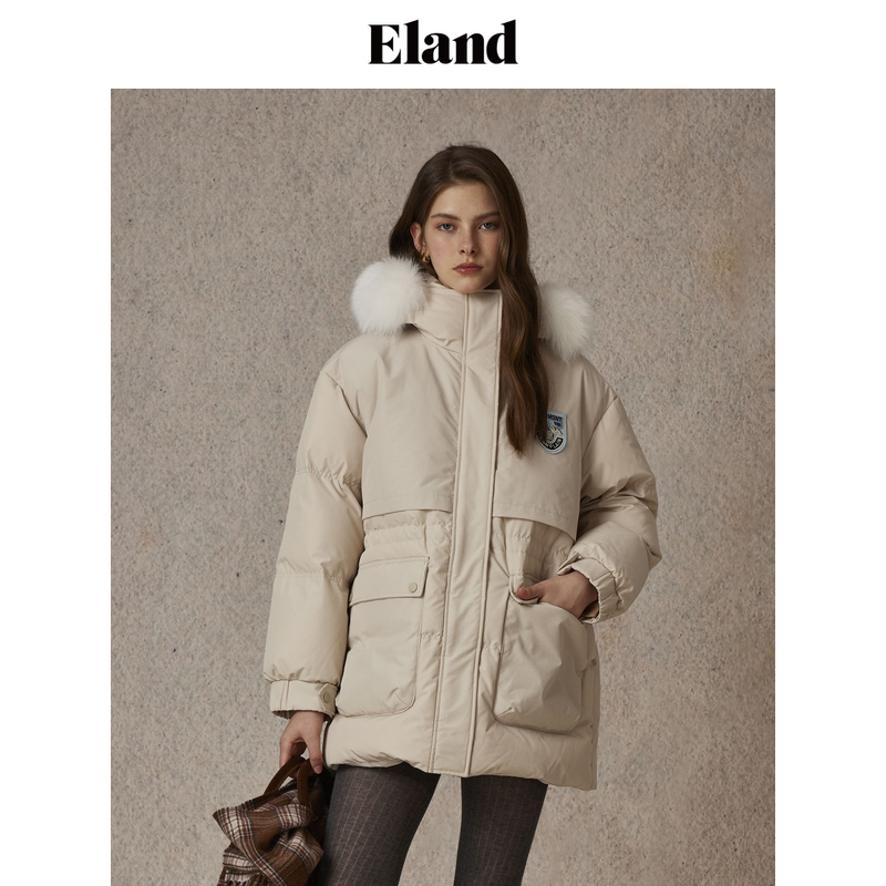 Eland羽绒服女简约大口袋带毛领连帽外套EEJDE4VE09