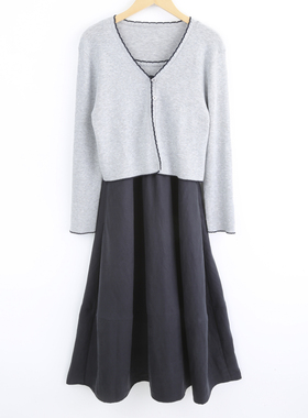 本涩女士蝴蝶结开衫拼接连衣裙套装F2548A01