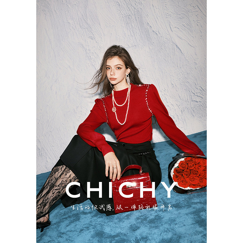 【柔软绵羊毛】CHICHY法式红色半高领毛针织衫CW0D026254