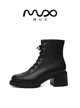 MUX迈思秋冬拼接羊皮慵懒马丁靴专柜同款圆头粗跟拉链短靴女82044