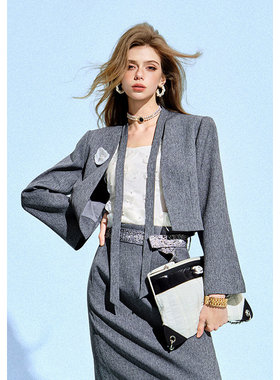 CHICHY法式高级灰色修身西装外套CC2N001261（不含半裙）