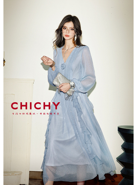【珠光系列】CHICHY法式漂亮长袖薄纱蓝色连衣裙CC8B006252