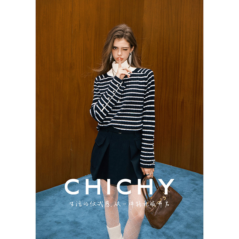 【100%绵羊毛】CHICHY法式高领条纹毛针织衫CW0D025254