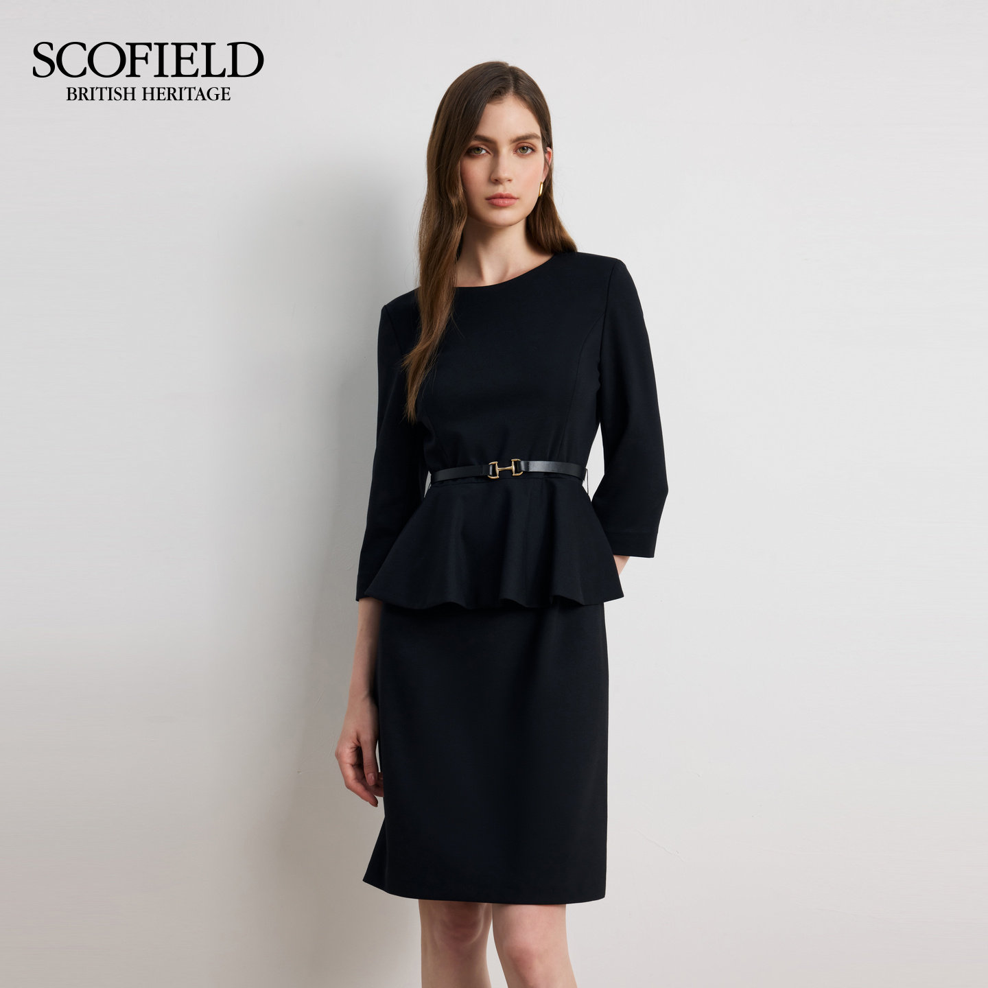 Scofield女装 荷叶边 连衣裙圆领七分袖裙子