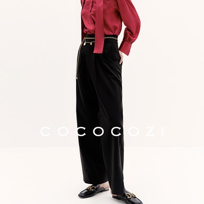 COCOCOZI裤子女开叉宽松阔腿直筒裤垂感黑色休闲裤221CO34