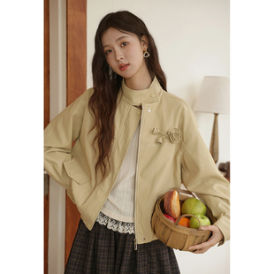 谜秀黄绿晕染皮衣手工花装饰 对色四合扣秋装短外套女MXE44W0815