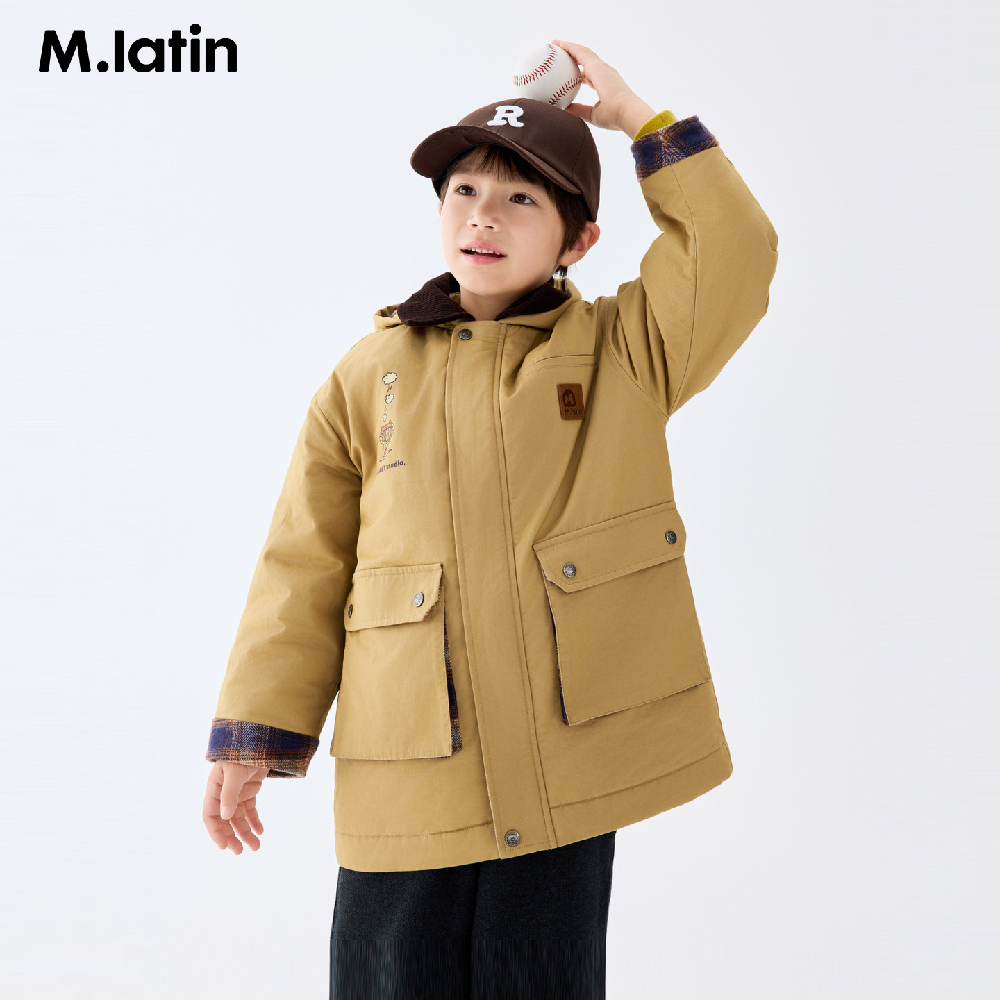 马拉丁儿童棉服25冬男大童巴恩风中长款风衣外套棉服515914201D