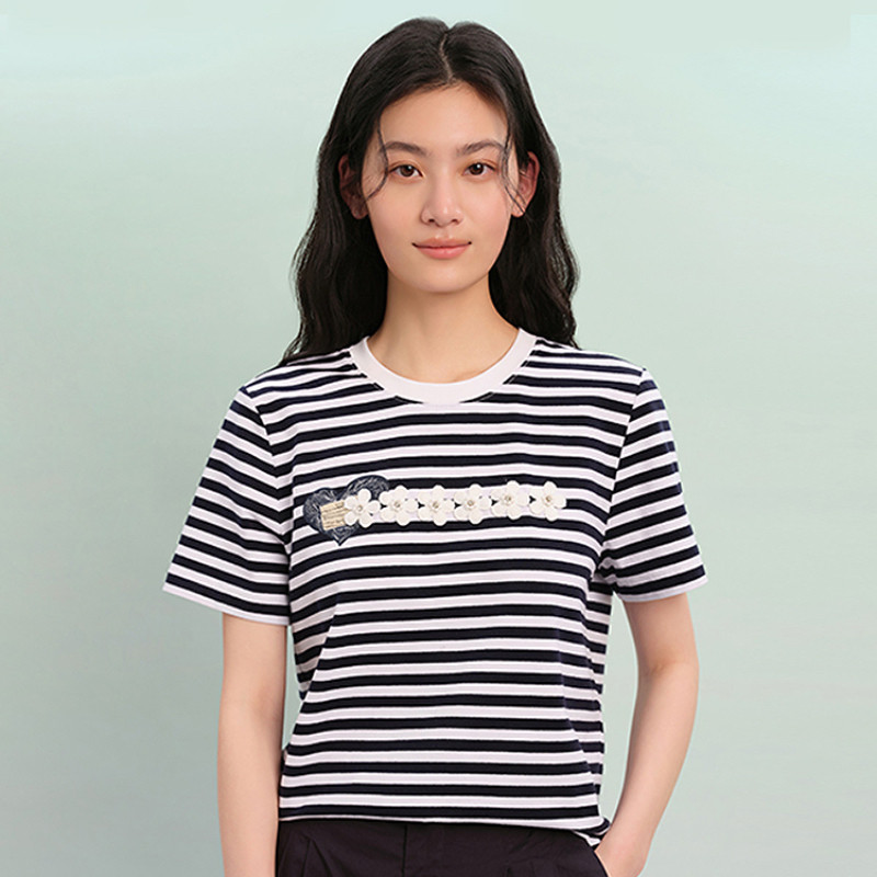 PIT夏季条纹拼色刺绣圆领短袖T恤修身透气休闲半袖上衣
