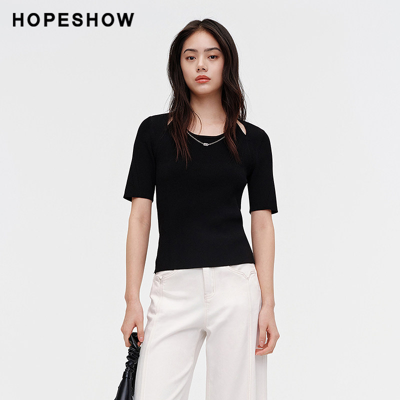 红袖/HOPESHOW黑色针织衫夏季女镂空U领短袖上衣89124140105
