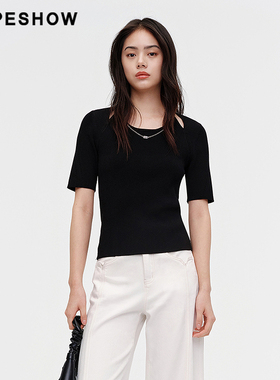 红袖/HOPESHOW黑色针织衫夏季女镂空U领短袖上衣89124140105