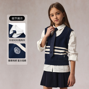 eland kids衣恋童装女童针织衫春季学院风刺绣假两件EKKWF1224A