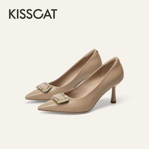 KISSCAT接吻猫[鎏金]软垫高跟鞋25秋气质黑色高跟单鞋KA65510-10