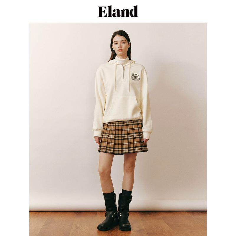 Eland卫衣女甜美感学院风刺绣连帽拉链半开卫衣