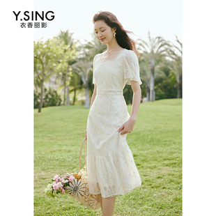 衣香丽影白色方领蕾丝海边度假风法式连衣裙930415106