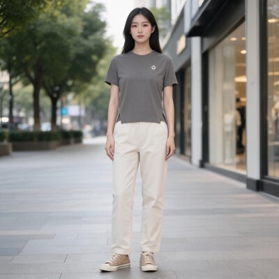 LOUIS ROYER休闲侧开叉刺绣圆领短袖T恤女F611630-009