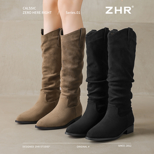ZHR则则绒面长筒靴2025秋冬加绒保暖骑士靴V口堆堆靴女鞋KY01A