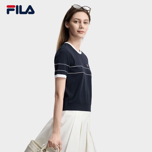 FILA 斐乐官方女子编织衫2026夏季短袖上衣撞色短版F11W638499A