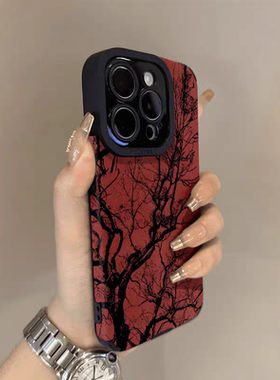 适用苹果16promax手机壳iphone17pro小众高级感新款air红色翻毛皮枯树枝条14全包镜头13硅胶15软12防摔11小众
