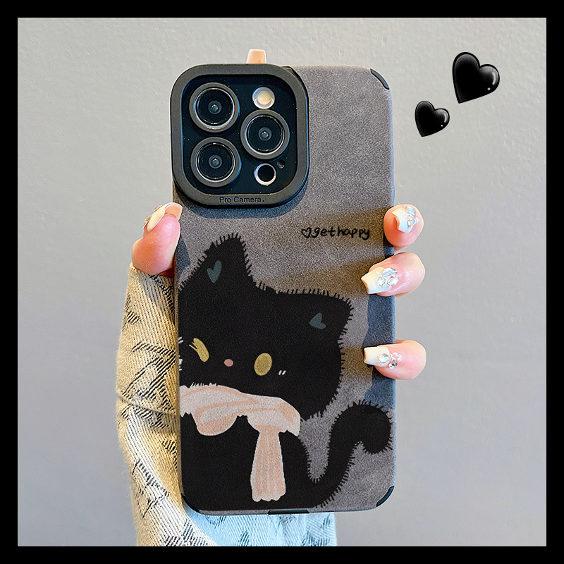 【进口翻毛皮】适用苹果16promax手机壳2025新款iphone15可爱黑猫14plus卡通女款13pro硅胶防摔12全包镜头11