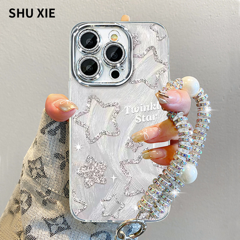 闪粉星星适用苹果15promax手机壳新款16简约高级感iphon14pro自带镜头膜13PM带手链女款12高档外壳plus防摔11