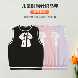 马甲秋冬新款粉色毛衣黑色紫色坎肩大童女宝儿童毛线