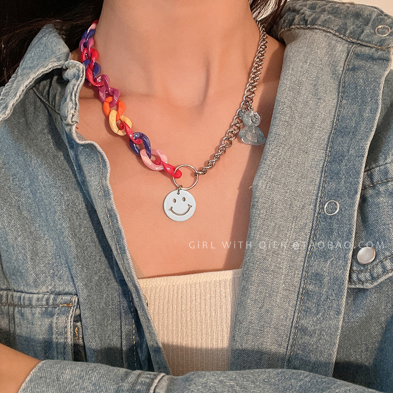 亚克力透明小熊笑脸项链女ins嘻哈小众个性配饰钛钢不掉色毛衣链