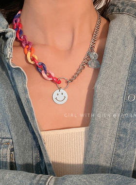 亚克力透明小熊笑脸项链女ins嘻哈小众个性配饰钛钢不掉色毛衣链