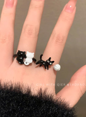 童趣可爱黑色猫猫开口戒指女