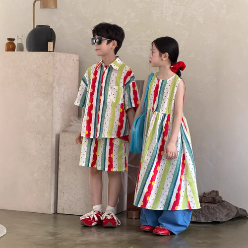 夏季韩版竖条纹背心裙兄妹装套装