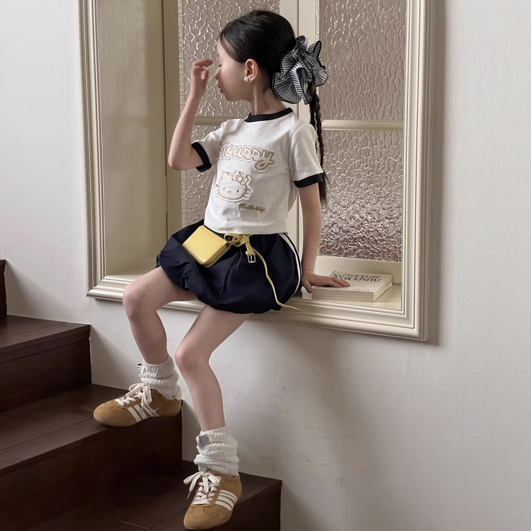 女童夏季韩版猫咪短款T恤套装