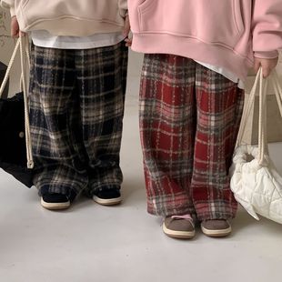 男童女童韩版毛呢直筒裤加绒裤子新款冬款儿童宝宝休闲阔腿格子裤