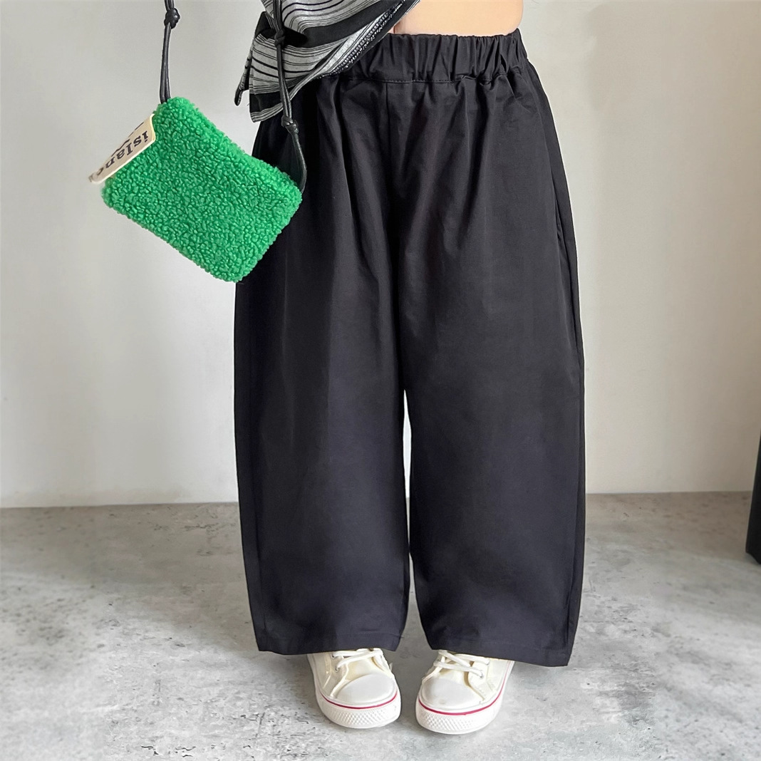 韩版男女童春秋休闲黑色棉布斜纹bai搭时尚长裤