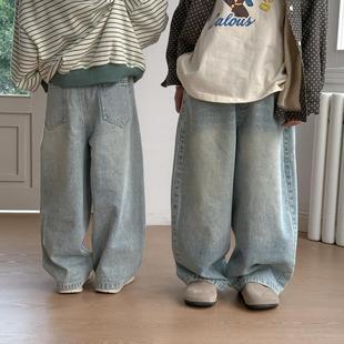 新款 春款 衣服男女童裤 子复古牛仔裤 兄妹装 宝宝姐弟阔腿裤 韩系童装