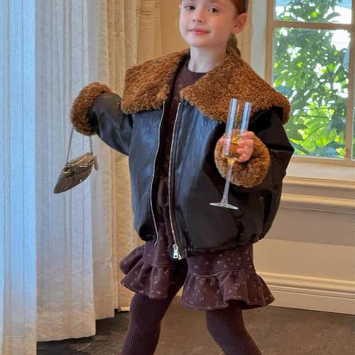 韩版大毛领皮衣女童加棉夹克