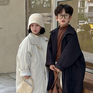 男女童韩系纯色棉大衣宝宝童外套冬款 加厚翻领百搭上衣 儿童中长款