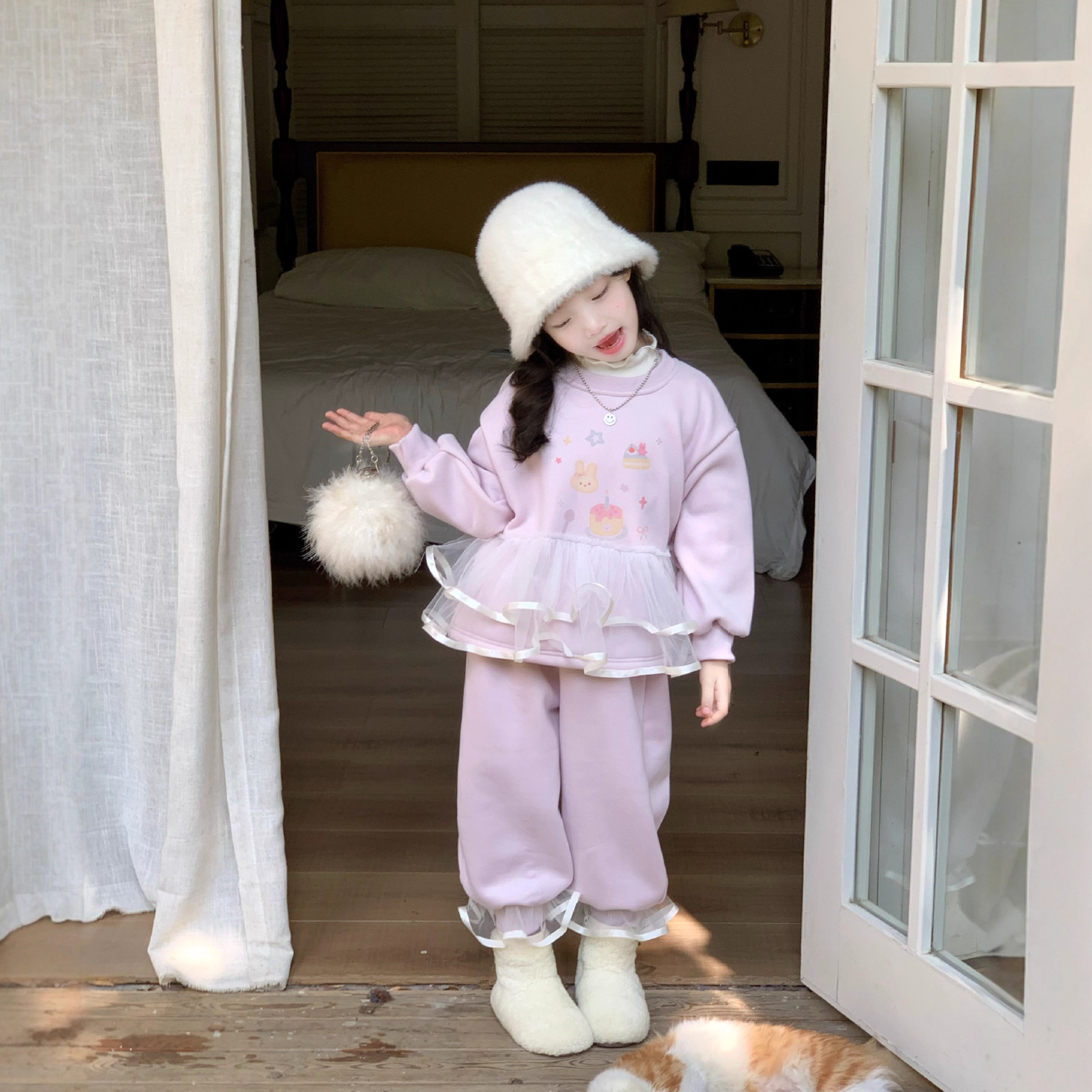 女童加绒卫衣套装冬季新款女宝宝加厚网纱可爱上衣加绒卫裤套装