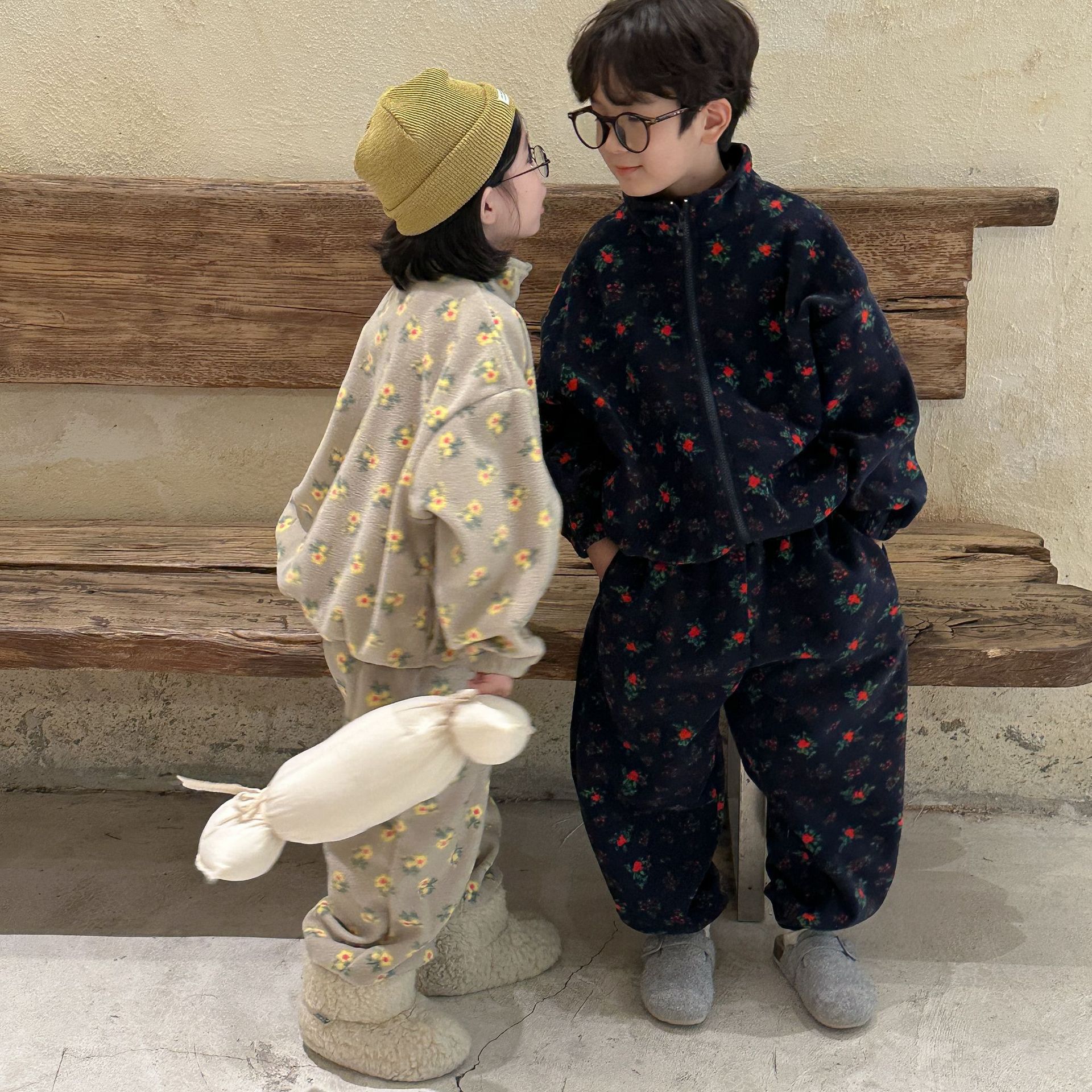 冬款长裤两件套满印加厚童装韩系