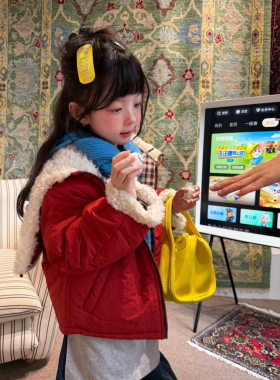 外套2026冬季女童加厚夹棉红色棉服儿童拼接羊羔毛大毛领短款棉衣