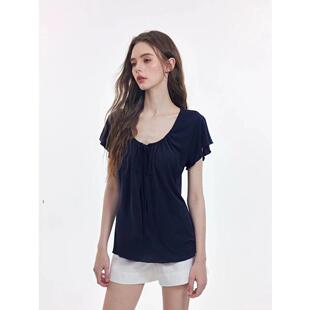 松弛温柔设计感白色褶皱系带短袖T恤女夏季百搭气质甜美宽松上衣