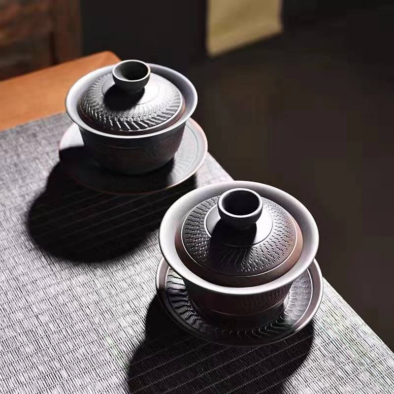 紫陶盖碗复古手工跳刀家用陶瓷三才盖碗功夫茶具茶碗茶杯泡茶器礼