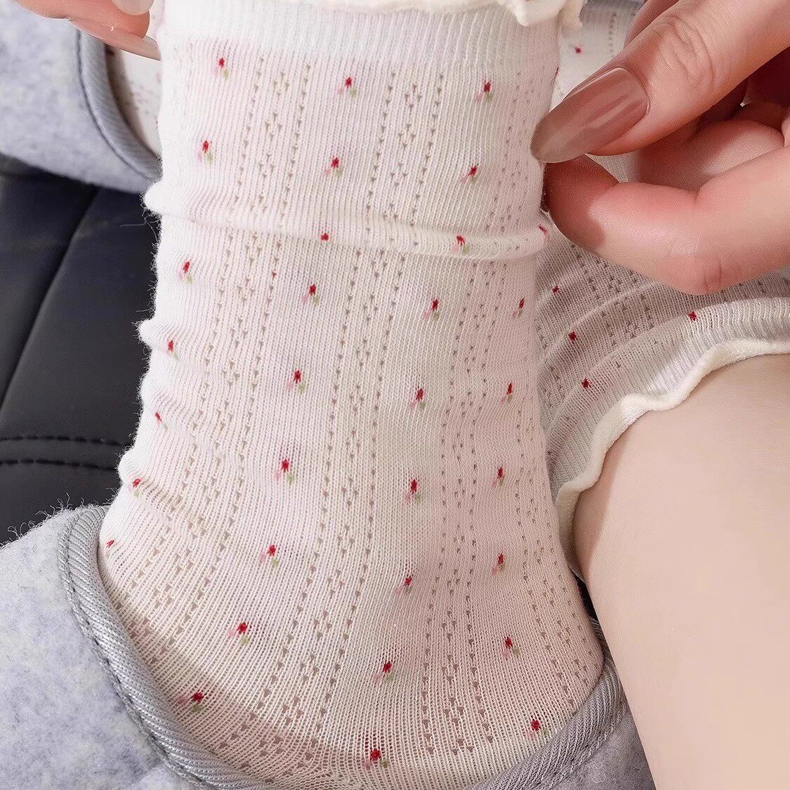 网眼袜子女夏季薄款花边芭蕾风泡泡袜透气长袜无骨纯棉中筒袜夏天