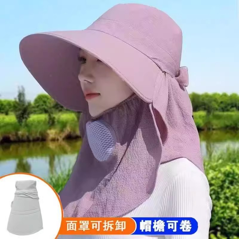 采茶专用防晒面罩帽子一体护颈骑车吹不翻太阳帽口罩女干活遮阳帽