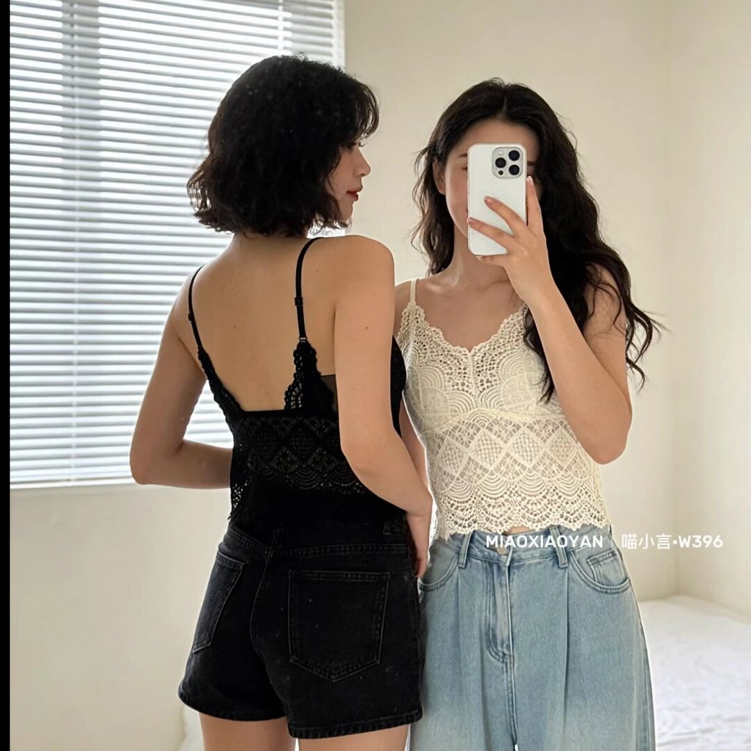 W396#Miaoxiaoyan浮雕蕾丝吊带bra带胸垫中长款内搭女士内衣背心