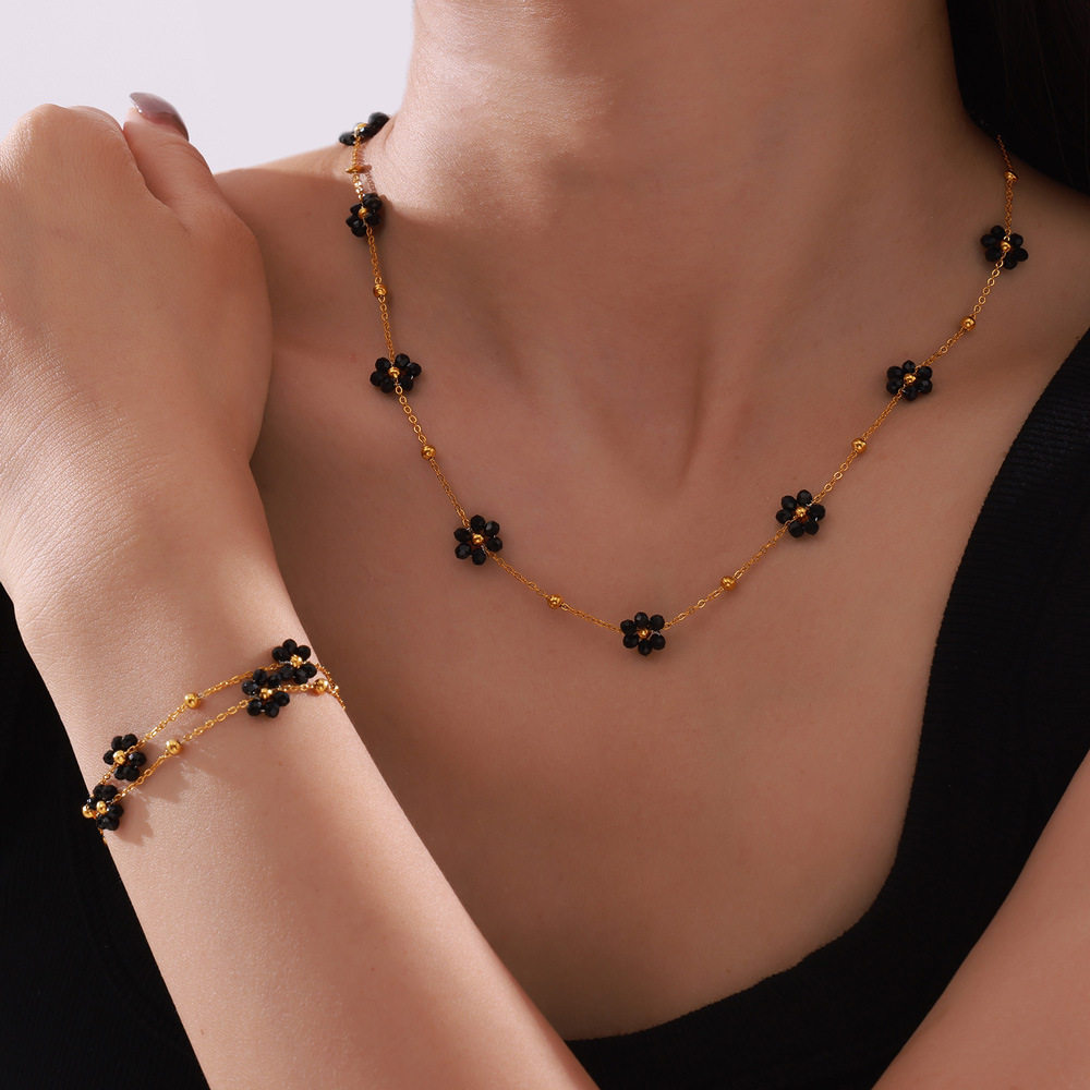 British style titanium steel jewelry set花朵造型钛钢首饰套装