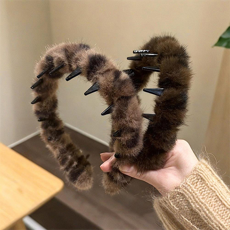 毛绒豹纹发箍女款洗脸高颅顶头箍高级感洋气时尚秋冬发卡百搭