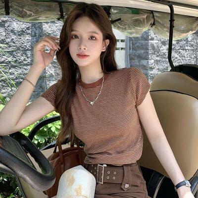夏季美式复古条纹正肩短袖t恤女2026新款辣妹短款上衣小众设0520z