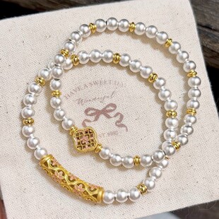 粉色花丝花朵弯管【椿樱时】珐琅彩花丝手链女轻奢手饰串珠珠子款