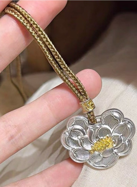 异花古法实心莲花国风长款挂坠绳项链女毛衣链轻奢吊坠配饰士饰品